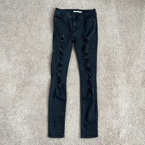LEVI'S 711 Black Distressed Trashed Ripped Skinny Leg Mid Rise Stretch Jeans 26